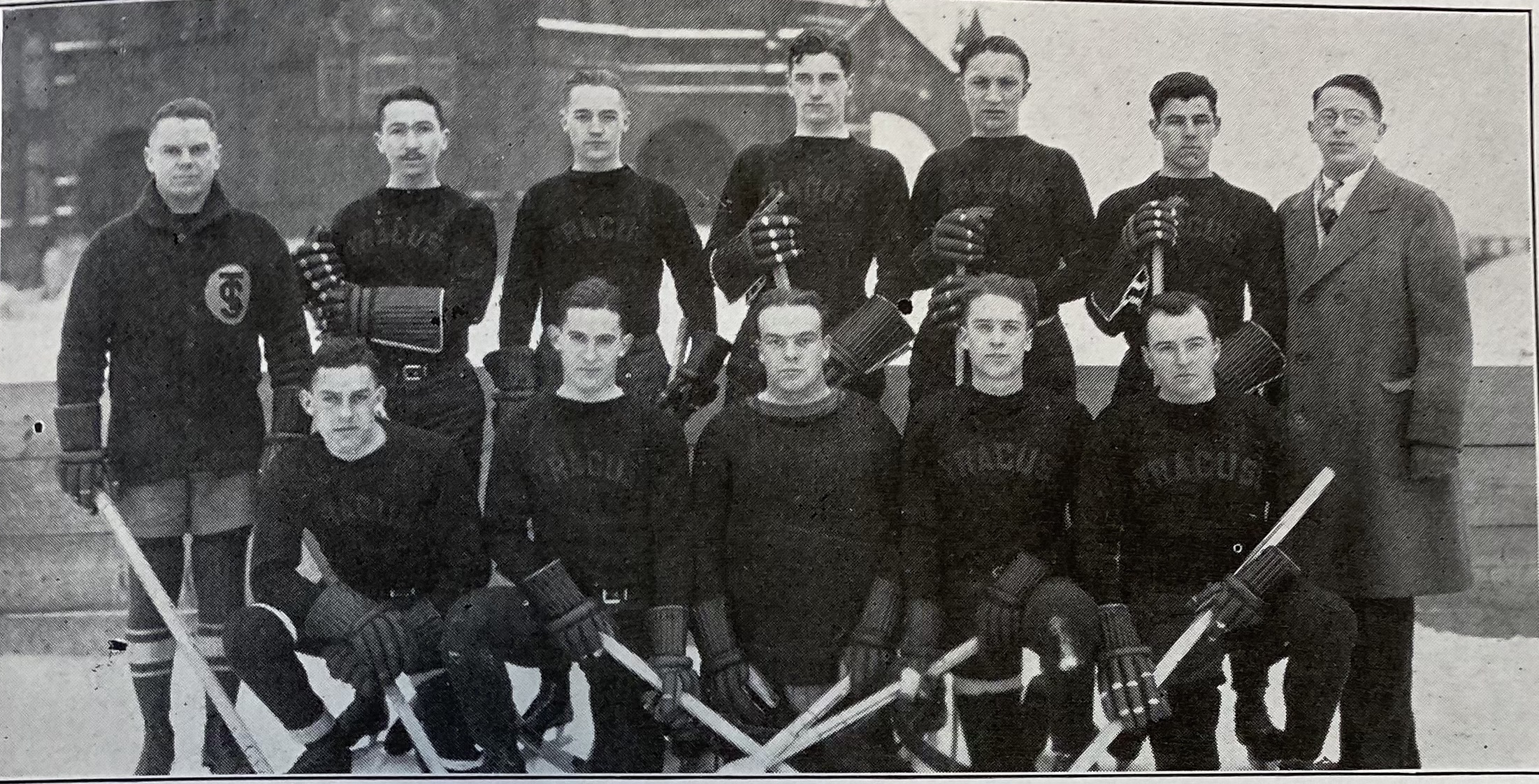 1925-1926 Team Photo - (Top Row-L-R: Paul (coach), Kopkind, Keese, Gray, Rehac, Ritchie, Stevens (Manager); Bottom-L-R: Mahon, Snow, Beishline (Captain), Schell, Sherwood