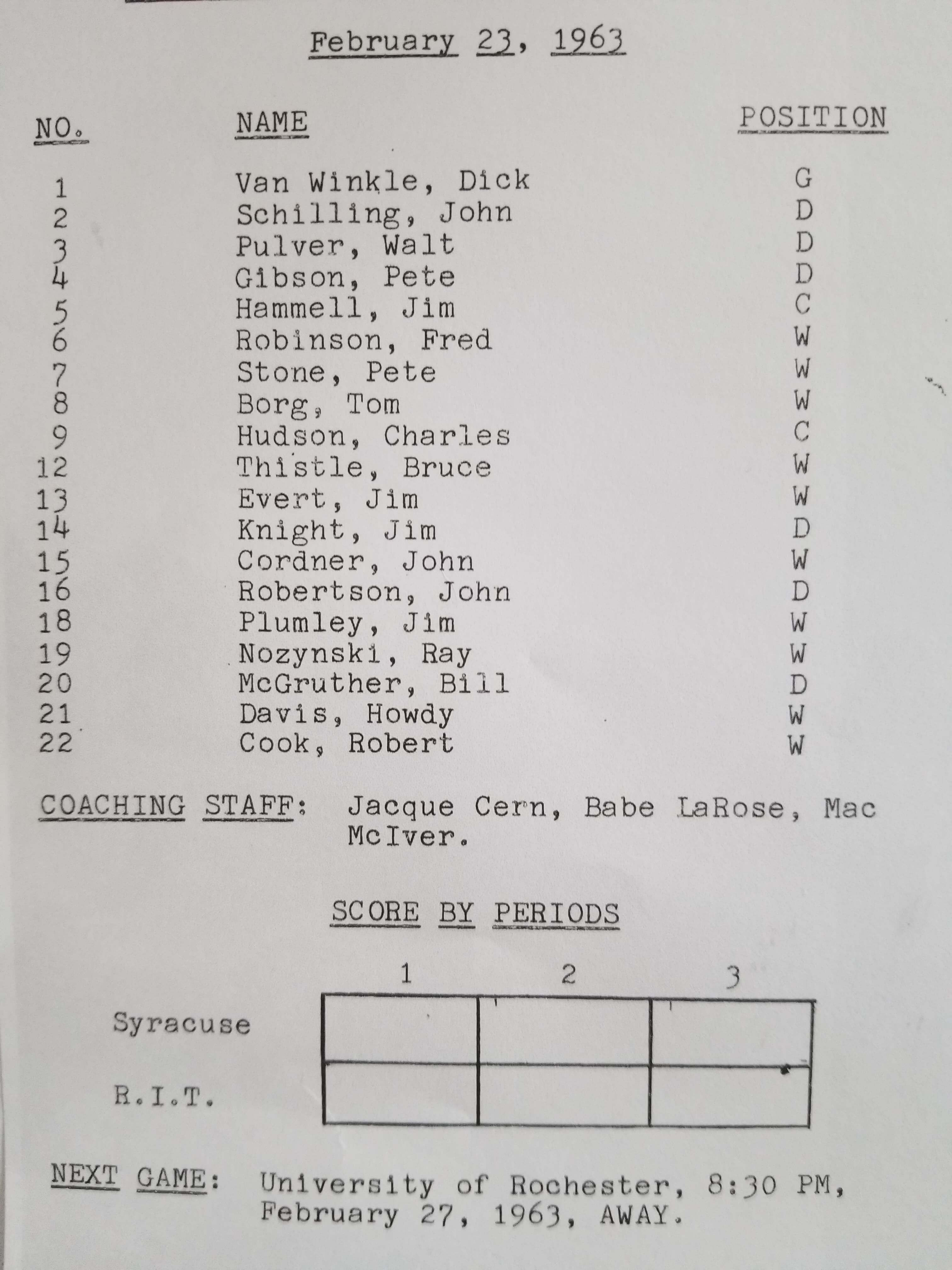 1963 - Roster & Scoresheet