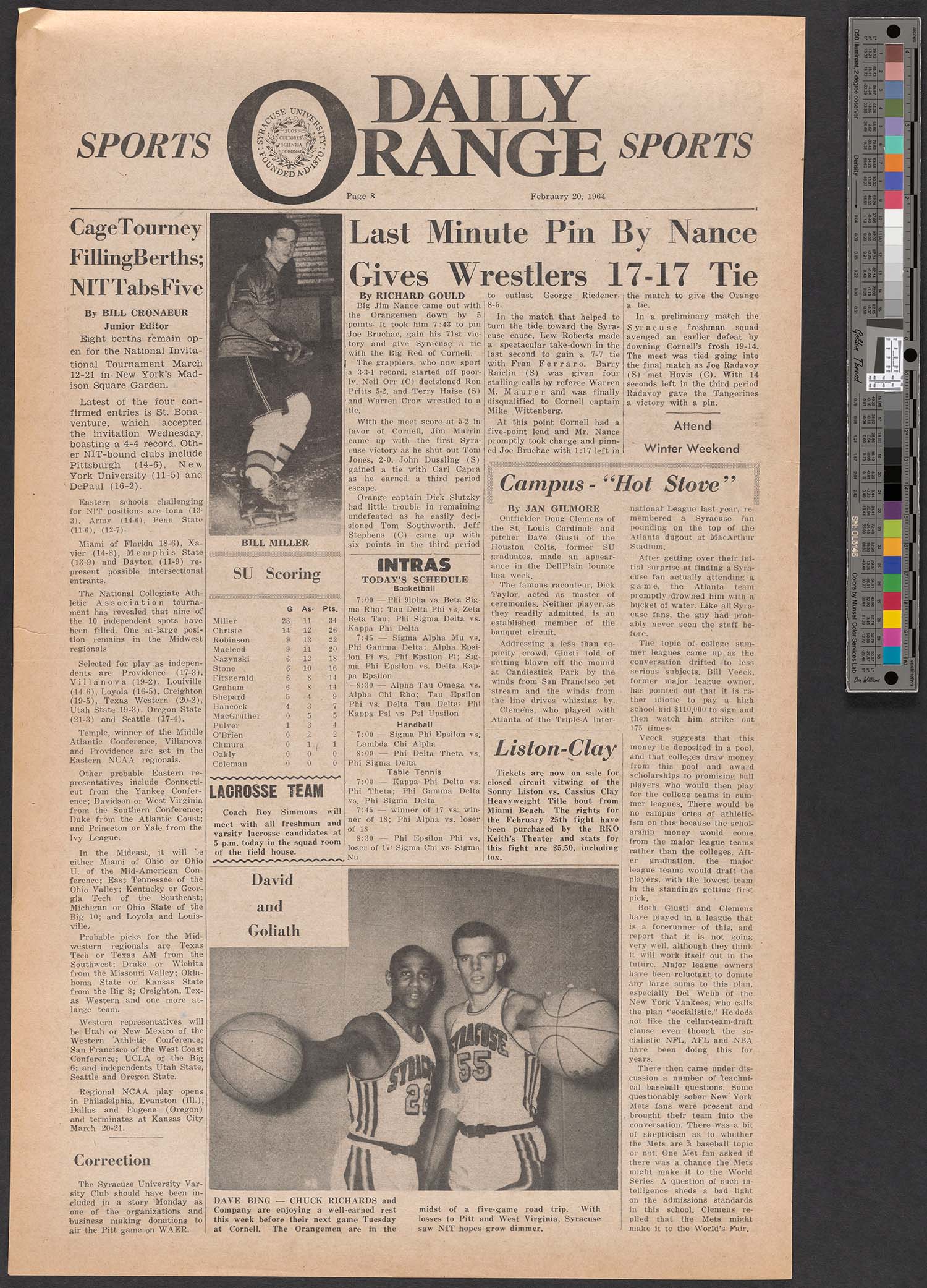 Feb 20, 1964 Daily Orange Article: SUSA Scoring Stats and Bill Miller Picture